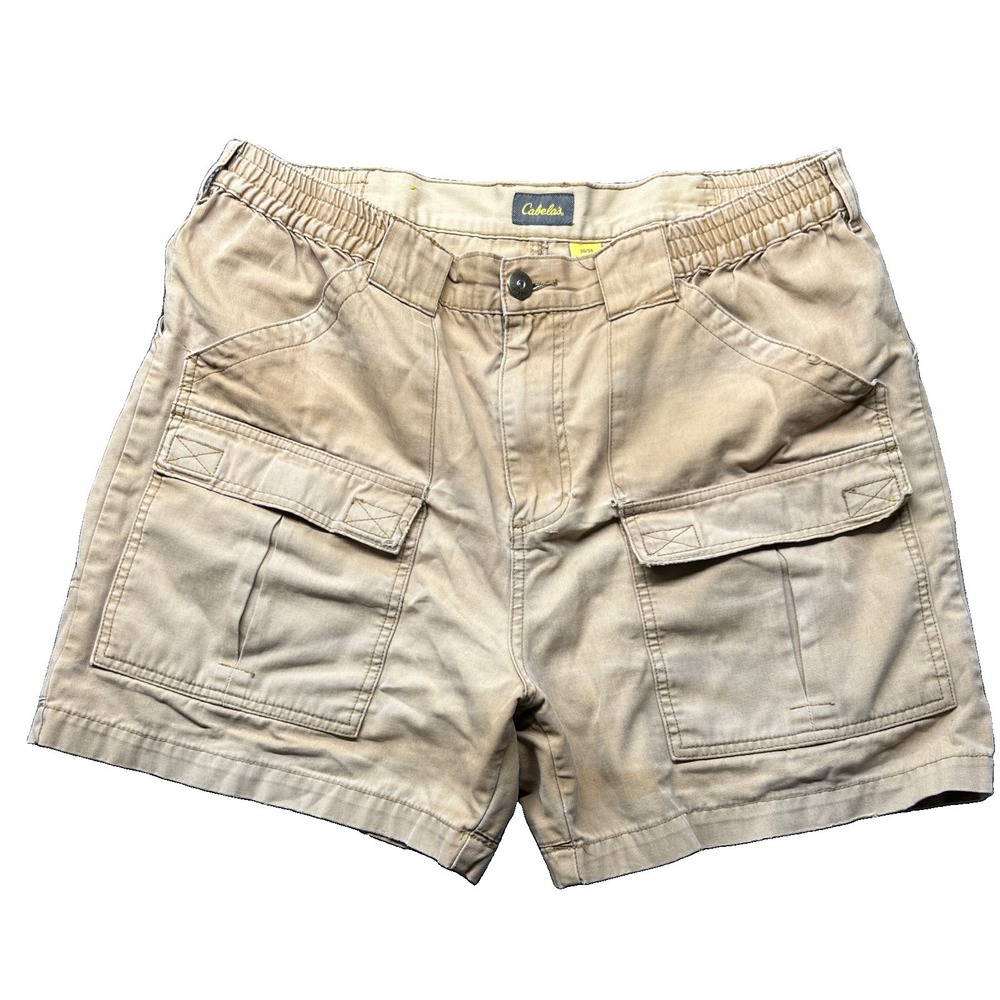 Cabelas Mens Vintage Cargo Shorts 36 Beige Tan Rugged Outdoor Cotton Canvas